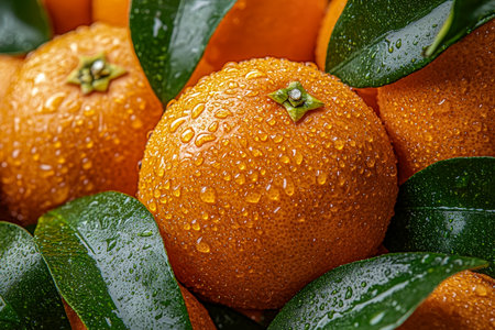 Juicy, ripe mandarins gleam with tiny water droplets amid lush green leaves, evoking freshness and vibrant natural vitality perfect for healthy livingの写真素材
