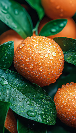 Juicy oranges glisten with dew drops amid lush green foliage, capturing freshness and vibrant zest perfect for health, culinary, or natural themes.の写真素材