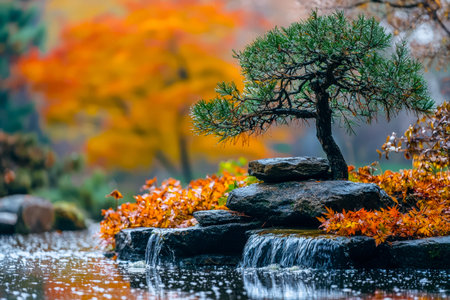 A peaceful garden scene with a miniature tree and gentle stream surrounded by colorful fall foliage in a serene woodland backdropの写真素材