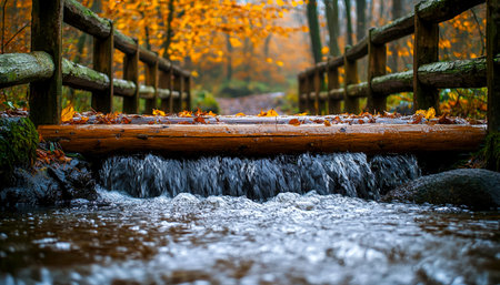 A tranquil forest scene featuring a gentle creek, a quaint wooden bridge, and vibrant leaves in hues...