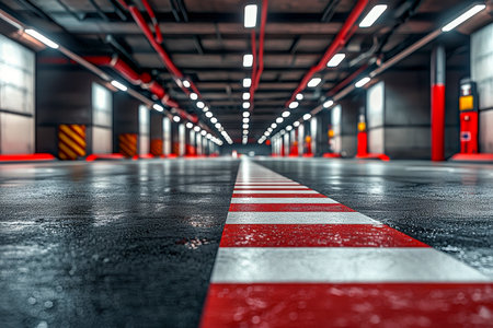 A spacious, vacant subterranean lot features bright ceiling fixtures and vivid safety lines, creating a clean, organized, and secure parking environmeの写真素材