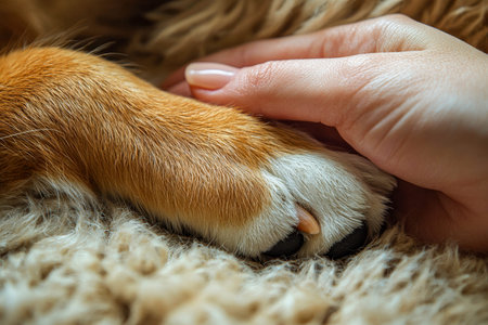 An intimate moment capturing a hand tenderly caressing a dog?s peaceful paw, set against a plush,...