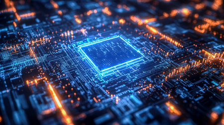 A detailed shot of a high-tech microchip illuminated by striking blue and orange accents, embodying...
