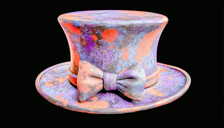 An elegant pastel-hued hat adorned with a delicate bow tie, set against a dark backdrop, evoking...