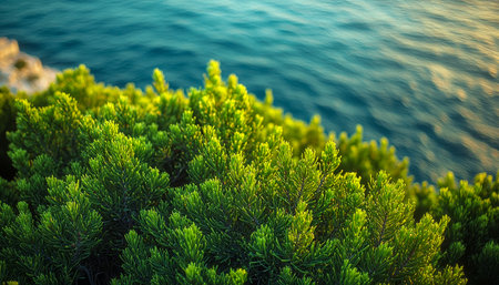 Vibrant green foliage borders tranquil waters, reflecting the warm glow of sunset hues in a peaceful natural setting.の写真素材
