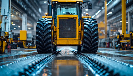 A robust yellow machinery stands amidst a busy workshop filled with advanced tools and equipment, highlighting rugged industrial work environments.の写真素材