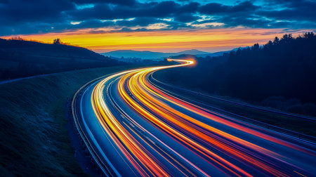 Dynamic streaks of illuminated vehicle lights glide beneath a vibrant sunset sky, capturing motion and energy along the bustling roadway silhouette.の写真素材