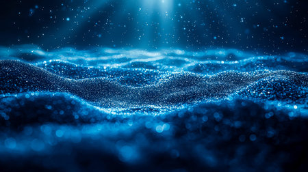 A dynamic flow of luminous blue data particles forming a smooth, wave-like structure, exuding a...