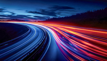 Vibrant streaks of neon colors streak through a dark highway, capturing motion and energy in a...