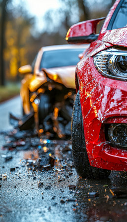 A vivid red sports vehicle lies damaged on a slick road, surrounded by scattered fragments and splintered glass, capturing a tense, dramatic aftermathの写真素材