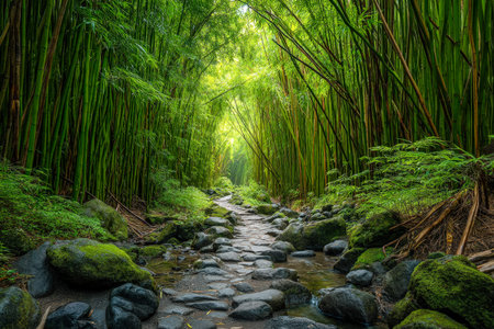 Serene bamboo grove with a winding stream and uneven stones, creating a peaceful natural setting perfect for meditation, travel, or relaxation themes.の写真素材