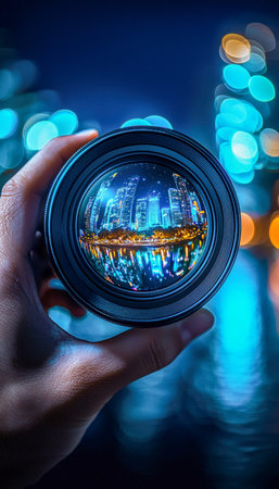 A vibrant cityscape's silhouette captured through a camera lens, complemented by shimmering bokeh...