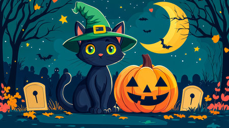 A charming black feline wearing a pointed hat, nestled beside a luminous jack-o'-lantern amid a haunting Halloween dusk landscape.の写真素材