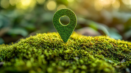 A weathered map marker nestled amid lush, vivid mosses creates a natural symbol of exploration and green discovery.の写真素材