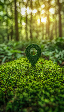 An eco-friendly map icon blanketed in moss rests amid vibrant foliage, illuminated by dappled sunlight in an serene woodland scene perfect for nature-の写真素材