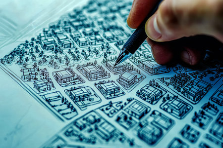 A precise top-down drawing showcasing a planned neighborhood with individual house layouts, gardens,...