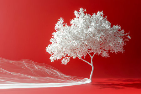 An elegant white silhouette of a sprawling tree with detailed, twisting branches set against a vivid crimson backdrop enhanced by dynamic flowing lighの写真素材