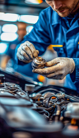 A skilled technician examines a vehicle's internal parts amid the workshop's industrial ambiance,...