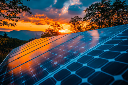 Vibrant sunset hues reflect off sleek solar array surfaces amid lush greenery, creating a serene scene that blends renewable energy with nature.の写真素材