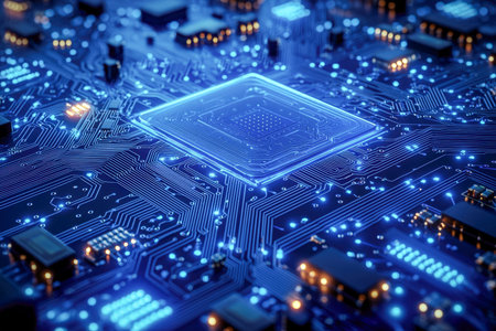 An intricate silicon component radiates neon lights, embedded in a sleek motherboard backdrop, evoking advanced technology and innovation.の写真素材