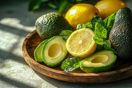 Vibrant green avocados, zesty lemons, and fragrant mint leaves artfully arranged on a rustic wooden...