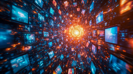 Vibrant neon lights and dynamic screens swirl through a high-tech tunnel, evoking a surge of digital information and immersive futuristic innovation.の写真素材