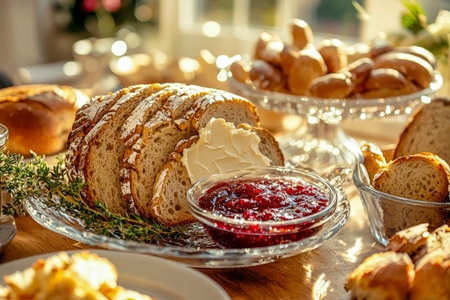 Juicy berry jam and creamy butter adorn crusty bread slices arranged on a clear glass platter,...