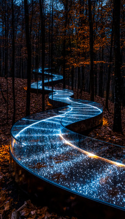 A glowing trail snakes through shadowy trees, casting a faint light that guides explorers amid dense, mysterious woodland under a starlit sky.の写真素材