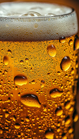 An icy cold beer glass beads with tiny droplets, capturing a refreshing moment perfect for...