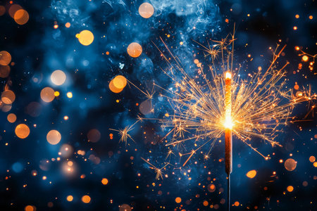 A dazzling sparkler shoots bright sparks against a luminous blue backdrop filled with soft bokeh orbs, creating an energetic festive atmosphere.の写真素材