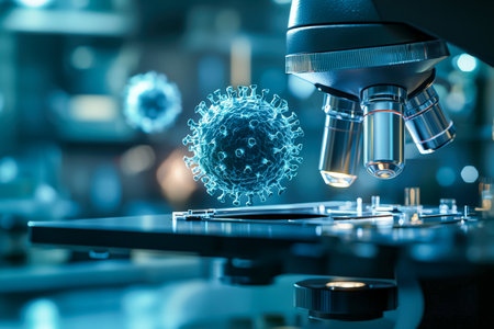 A high-tech microscope with digital enhancements focuses on microscopic pathogens, set in a sterile lab environment, emphasizing scientific research aの写真素材