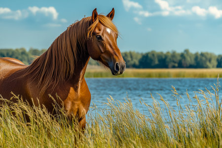A graceful chestnut steed relaxes amidst lush, waving grasses by a shimmering lake, basking in warm...