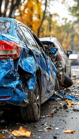 Wrecked vehicles with broken front ends lie on a wet road amid fallen leaves, capturing a somber...
