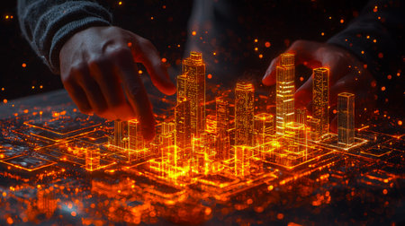 A sleek metropolis teeming with luminous towers projecting vibrant holograms, immersed in dynamic data streams creating a cutting-edge urban ambiance.の写真素材