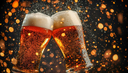 Cheers echo in a vibrant scene with shimmering bokeh lights, capturing a lively celebration moment between frosty, effervescent drinks.の写真素材
