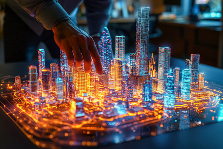 A miniature futuristic metropolis featuring glowing holographic towers and vibrant lit pathways, embodying innovation and urban imagination.の写真素材