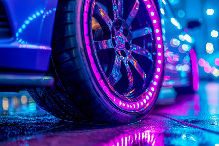 A stylish car wheel under neon lights, featuring a glowing pink and blue rim that creates a futuristic, high-energy atmosphere perfect for automotiveの写真素材