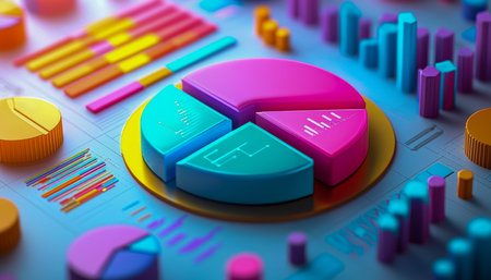 Vibrant 3d data visualization with segmented pie sections, overlaid bar and line charts highlighting...