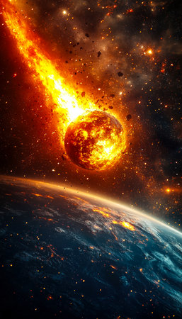 A cosmic scene featuring a blazing collision between a meteor and a distant planet, illuminated by fiery bursts against a backdrop of twinkling stars.の写真素材