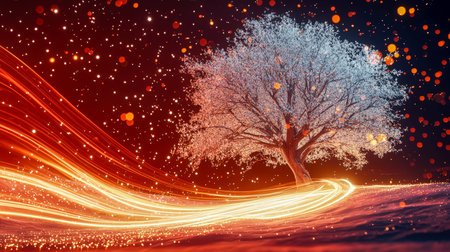 A luminous, colorful tree radiates intensity amid a dreamy landscape, encircled by dynamic light...