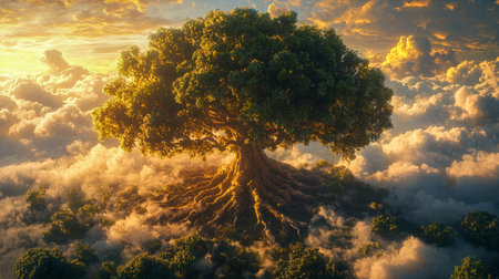 A vibrant, expansive tree with swirling roots protruding into the sky, bathed in the warm glow of...
