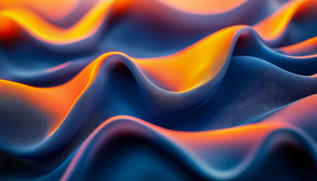 Dynamic waves of silky material swirl in fiery orange and cool blue shades, evoking energy and...