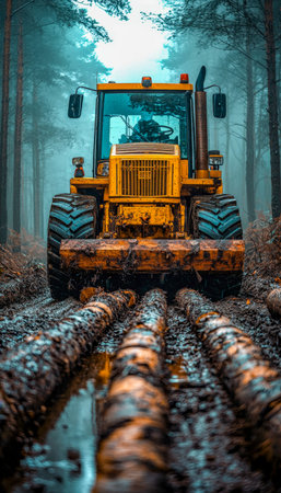 A bright yellow heavy machinery shifts timber through a misty woodland, creating a mysterious...