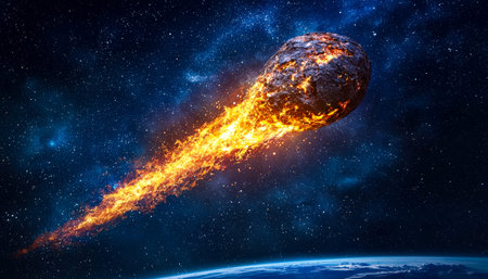 A glowing, burning projectile streaks across a cosmic expanse filled with sparkling stars, heading...