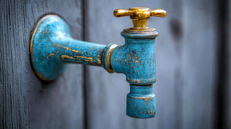 A rustic outdoor tap featuring chipped blue paint and a glaming brass lever, evoking a nostalgic charm perfect for garden or historical setting themeの写真素材