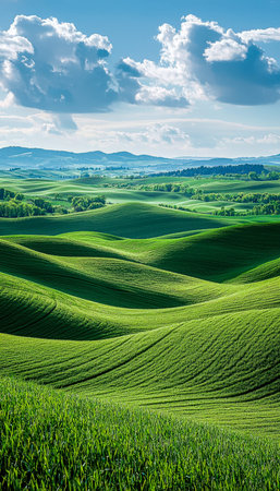Vibrant green hills gently undulate beneath a sky dotted with soft, white clouds, creating a...