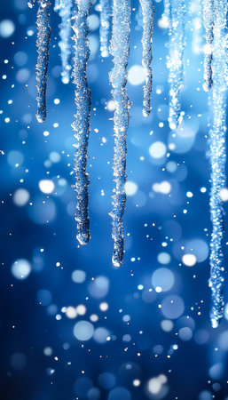 Jagged ice formations and delicate snow crystals adorn a crisp winter backdrop, evoking a chilly, serene mood perfect for seasonal design projects.の写真素材