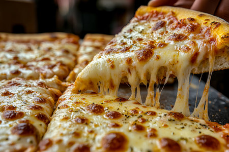 A golden crust pizza topped with rich cheese, stretching and bubbling as slices are pulled apart,...
