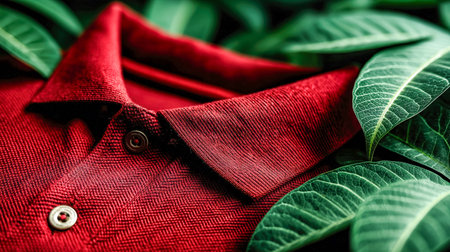 Vibrant red fabric framed by lush green foliage, highlighting a fresh, natural aesthetic perfect for fashion, lifestyle, or botanical themes.の写真素材
