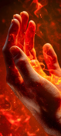 A detailed view of a hand amid blazing flames and swirling smoke, set against a intense, fiery...
